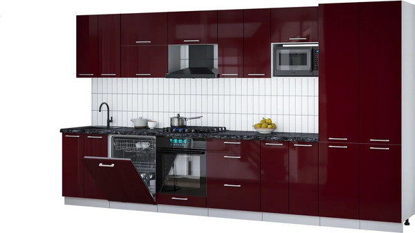 Изображение товара Кухонный гарнитур Интерлиния Мила Gloss 3.8-ПМ2 (бордовый глянец/бордовый глянец/кастилло темный)