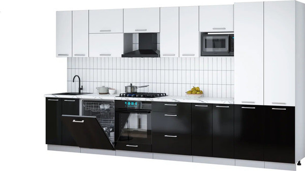 Изображение товара Кухонный гарнитур Интерлиния Мила Gloss 3.8-ПМ2 (черный глянец/белый/белый гранит)