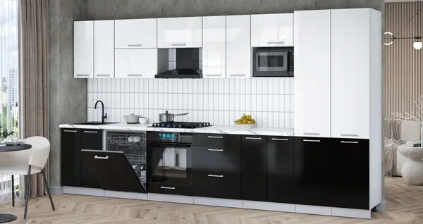 Изображение товара Кухонный гарнитур Interline Мила Gloss 3.8-ПМ2 (черный глянец/белый глянец/белый гранит)