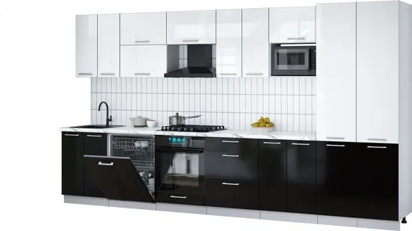 Изображение товара Кухонный гарнитур Interline Мила Gloss 3.8-ПМ2 (черный глянец/белый глянец/белый гранит)