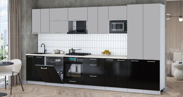 Изображение товара Кухонный гарнитур Интерлиния Мила Gloss 3.8-ПМ2 (черный глянец/грей/бискайская сосна)
