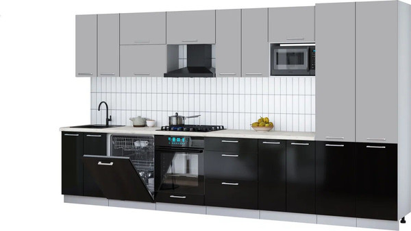 Изображение товара Кухонный гарнитур Интерлиния Мила Gloss 3.8-ПМ2 (черный глянец/грей/бискайская сосна)