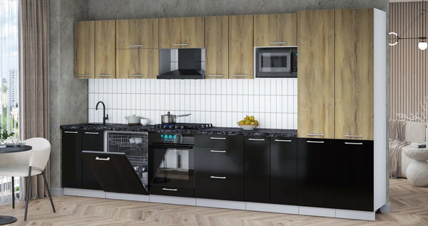 Изображение товара Кухонный гарнитур Интерлиния Мила Gloss 3.8-ПМ2 (черный глянец/дуб вотан/кастилло темный)