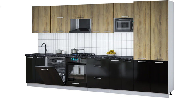 Изображение товара Кухонный гарнитур Интерлиния Мила Gloss 3.8-ПМ2 (черный глянец/дуб вотан/кастилло темный)