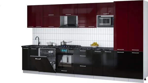Изображение товара Кухонный гарнитур Interline Мила Gloss 3.8-ПМ2 (черный глянец/бордовый глянец/кастилло темный)