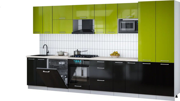 Изображение товара Кухонный гарнитур Интерлиния Мила Gloss 3.8-ПМ2 (черный глянец/яблоко глянец/травертин серый)