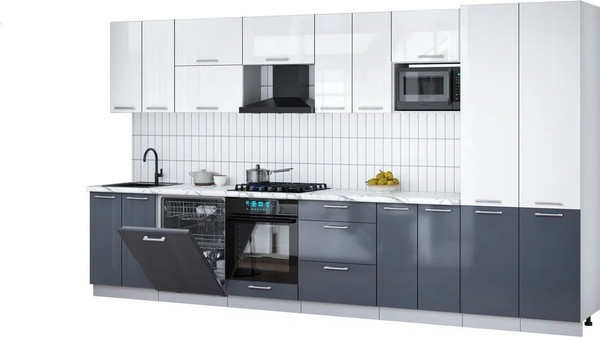 Изображение товара Кухонный гарнитур Интерлиния Мила Gloss 3.8-ПМ2 (асфальт глянец/белый глянец/белый гранит)