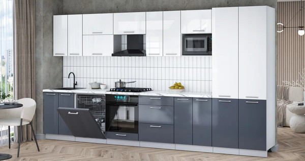 Изображение товара Кухонный гарнитур Интерлиния Мила Gloss 3.8-ПМ2 (асфальт глянец/белый глянец/белый гранит)