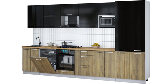 Изображение товара Кухонный гарнитур Интерлиния Мила Gloss 3.8-ПМ2 (дуб вотан/черный глянец/дуб бунратти)