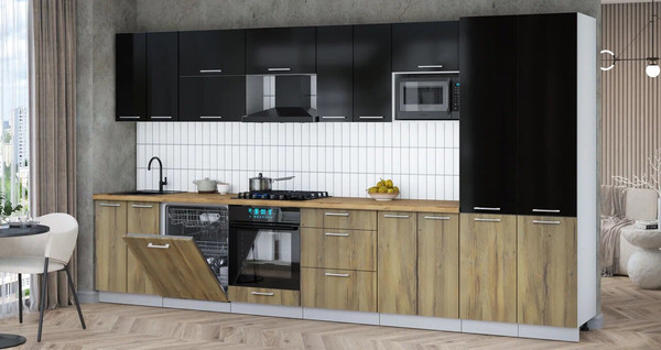 Изображение товара Кухонный гарнитур Интерлиния Мила Gloss 3.8-ПМ2 (дуб вотан/черный глянец/дуб бунратти)