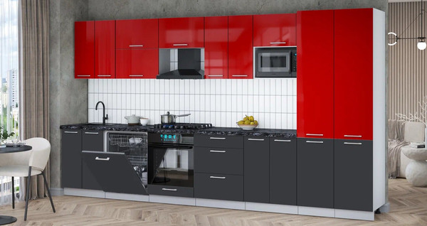 Изображение товара Кухонный гарнитур Интерлиния Мила Gloss 3.8-ПМ2 (пепел/красный глянец/кастилло темный)