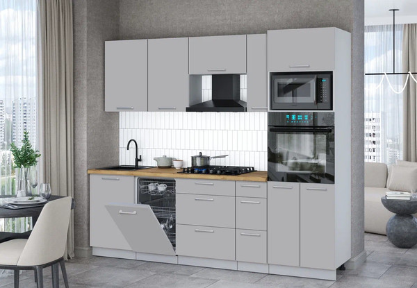 Изображение товара Кухонный гарнитур Интерлиния Мила Gloss 2.45-ПМ3 (грей/грей/дуб бунратти)