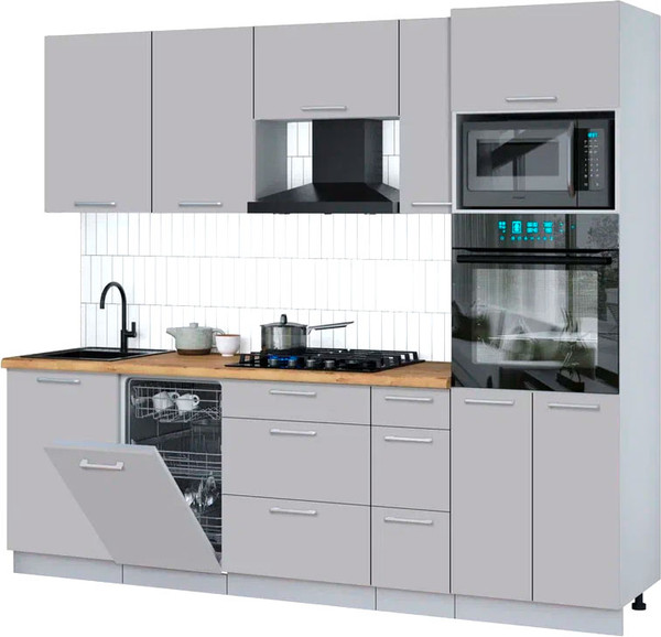 Изображение товара Кухонный гарнитур Интерлиния Мила Gloss 2.45-ПМ3 (грей/грей/дуб бунратти)