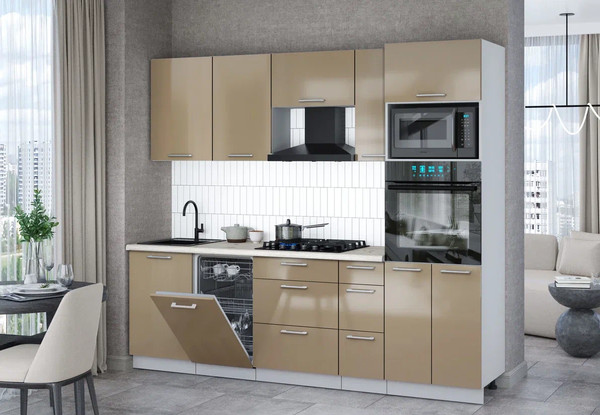 Изображение товара Кухонный гарнитур Интерлиния Мила Gloss 2.45-ПМ3 (капучино глянец/капучино глянец/бискайская сосна)