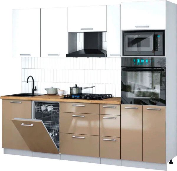 Изображение товара Кухонный гарнитур Интерлиния Мила Gloss 2.45-ПМ3 (капучино глянец/белый/дуб бунратти)