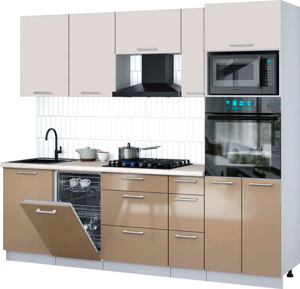 Изображение товара Кухонный гарнитур Интерлиния Мила Gloss 2.45-ПМ3 (капучино глянец/кашемир/травертин серый)