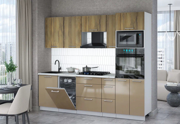 Изображение товара Кухонный гарнитур Интерлиния Мила Gloss 2.45-ПМ3 (капучино глянец/дуб вотан/серый каспий)