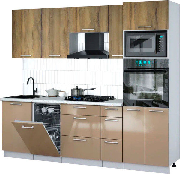 Изображение товара Кухонный гарнитур Интерлиния Мила Gloss 2.45-ПМ3 (капучино глянец/дуб вотан/серый каспий)