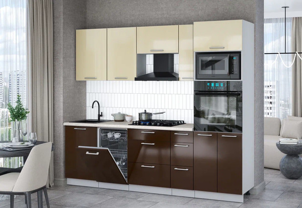 Изображение товара Кухонный гарнитур Интерлиния Мила Gloss 2.45-ПМ3 (шоколад глянец/ваниль глянец/травертин серый)