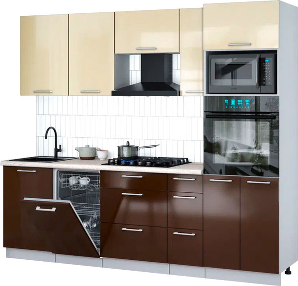 Изображение товара Кухонный гарнитур Интерлиния Мила Gloss 2.45-ПМ3 (шоколад глянец/ваниль глянец/травертин серый)