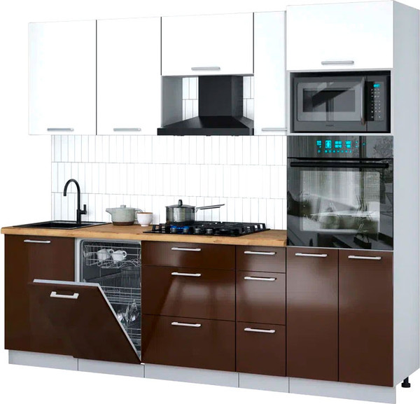 Изображение товара Кухонный гарнитур Интерлиния Мила Gloss 2.45-ПМ3 (шоколад глянец/белый/дуб бунратти)