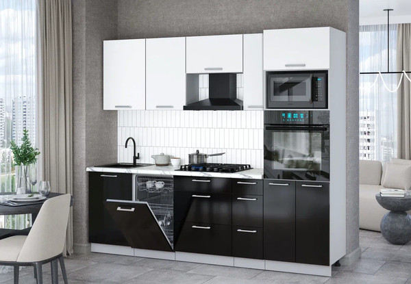 Изображение товара Кухонный гарнитур Интерлиния Мила Gloss 2.45-ПМ3 (черный глянец/белый/белый гранит)