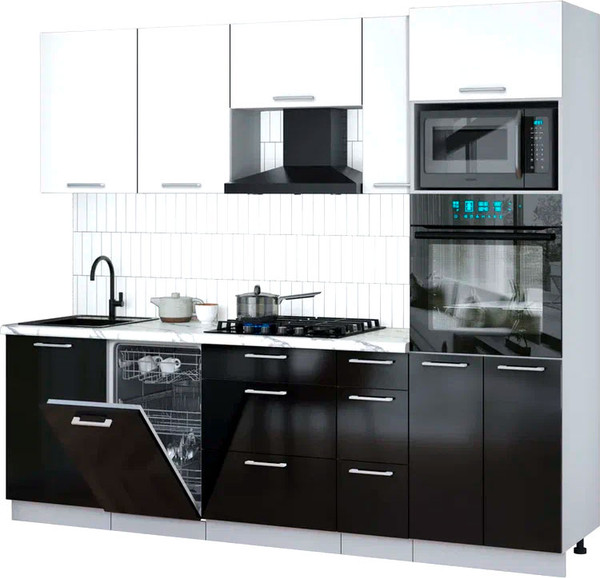 Изображение товара Кухонный гарнитур Интерлиния Мила Gloss 2.45-ПМ3 (черный глянец/белый глянец/белый гранит)