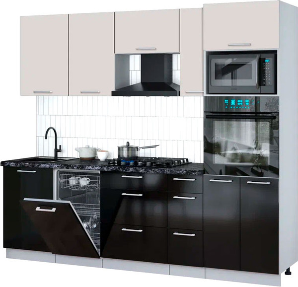 Изображение товара Кухонный гарнитур Интерлиния Мила Gloss 2.45-ПМ3 (черный глянец/кашемир/кастилло темный)