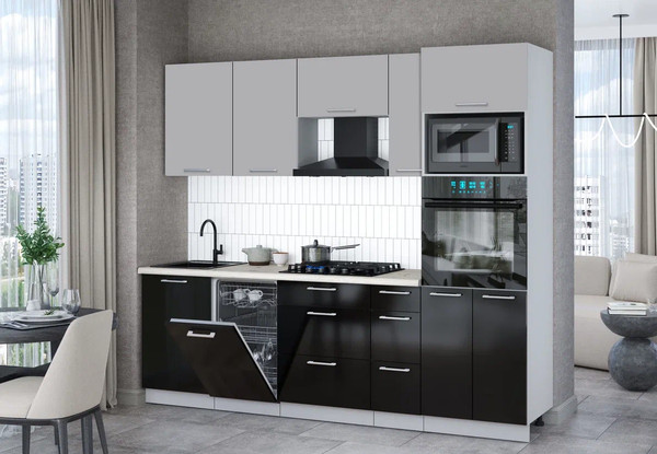 Изображение товара Кухонный гарнитур Интерлиния Мила Gloss 2.45-ПМ3 (черный глянец/грей/бискайская сосна)