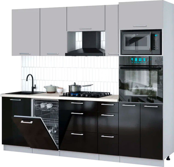 Изображение товара Кухонный гарнитур Интерлиния Мила Gloss 2.45-ПМ3 (черный глянец/грей/бискайская сосна)