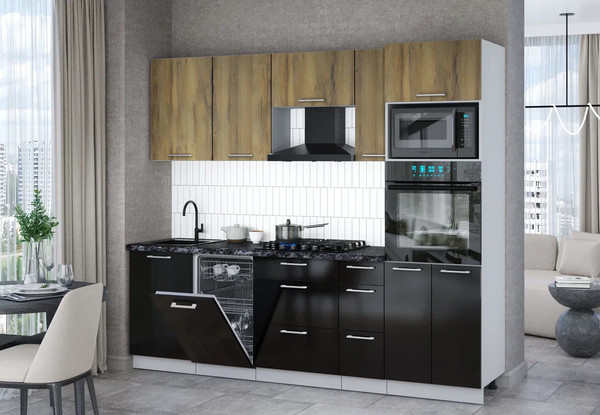 Изображение товара Кухонный гарнитур Интерлиния Мила Gloss 2.45-ПМ3 (черный глянец/дуб вотан/кастилло темный)