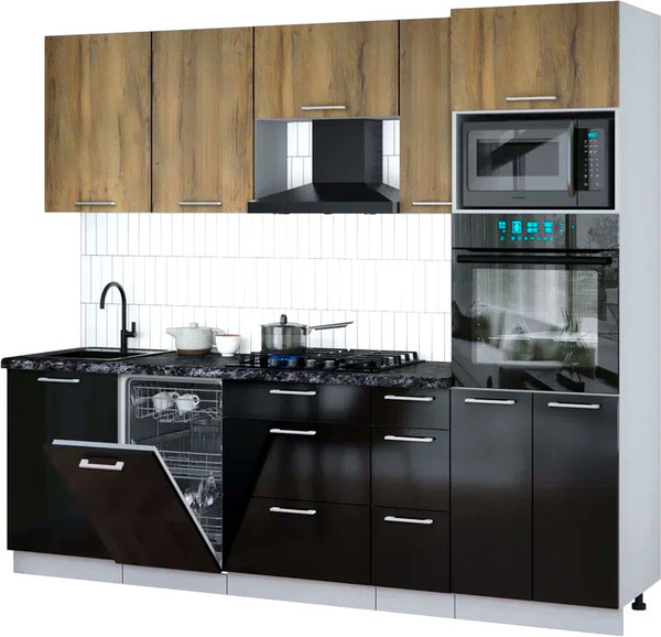 Изображение товара Кухонный гарнитур Интерлиния Мила Gloss 2.45-ПМ3 (черный глянец/дуб вотан/кастилло темный)