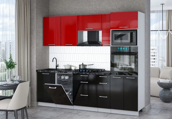 Изображение товара Кухонный гарнитур Интерлиния Мила Gloss 2.45-ПМ3 (черный глянец/красный глянец/кастилло темный)