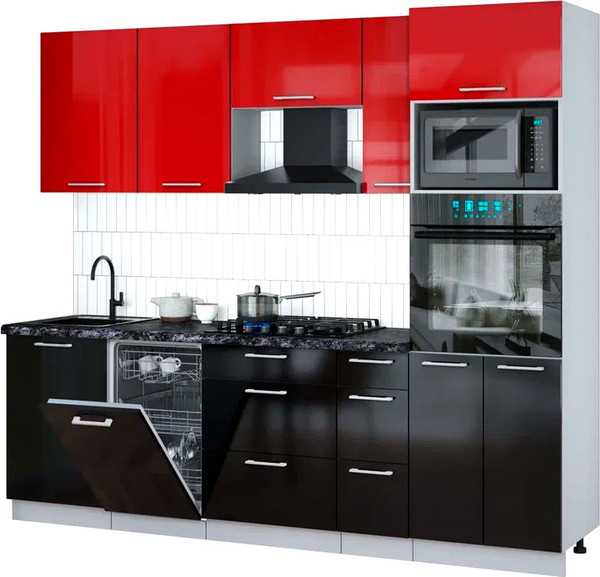 Изображение товара Кухонный гарнитур Интерлиния Мила Gloss 2.45-ПМ3 (черный глянец/красный глянец/кастилло темный)