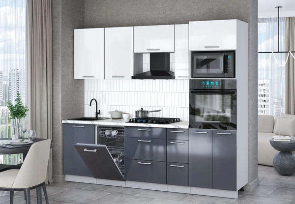 Изображение товара Кухонный гарнитур Интерлиния Мила Gloss 2.45-ПМ3 (асфальт глянец/белый глянец/белый гранит)