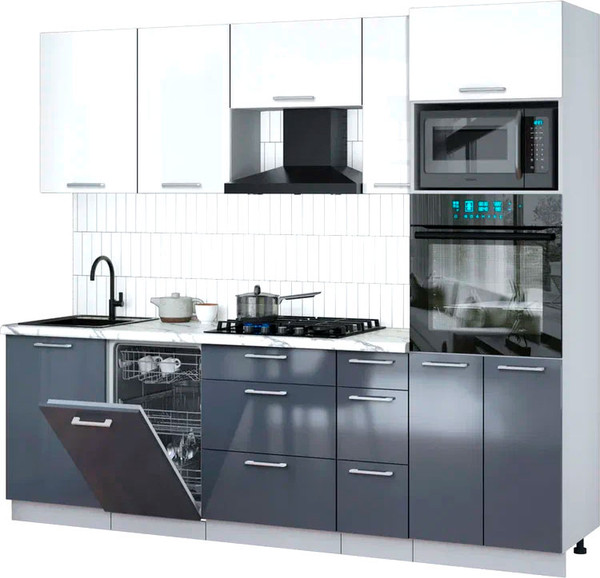 Изображение товара Кухонный гарнитур Интерлиния Мила Gloss 2.45-ПМ3 (асфальт глянец/белый глянец/белый гранит)