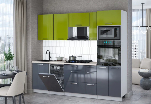 Изображение товара Кухонный гарнитур Интерлиния Мила Gloss 2.45-ПМ3 (асфальт глянец/яблоко глянец/травертин серый)