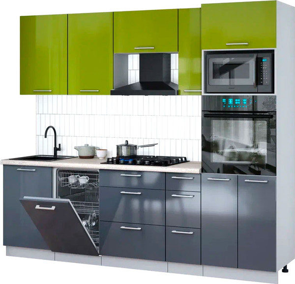 Изображение товара Кухонный гарнитур Интерлиния Мила Gloss 2.45-ПМ3 (асфальт глянец/яблоко глянец/травертин серый)