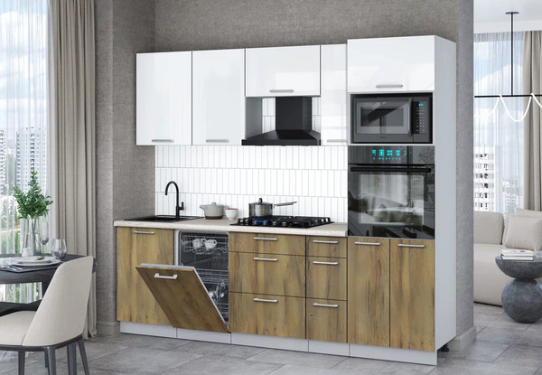 Изображение товара Кухонный гарнитур Интерлиния Мила Gloss 2.45-ПМ3 (дуб вотан/белый глянец/травертин серый)