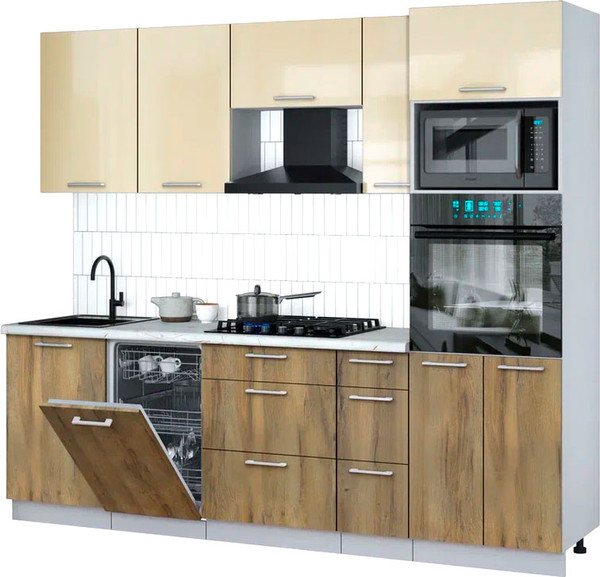 Изображение товара Кухонный гарнитур Интерлиния Мила Gloss 2.45-ПМ3 (дуб вотан/ваниль глянец/серый каспий)