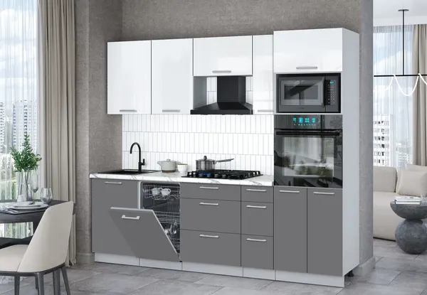 Изображение товара Кухонный гарнитур Interline Мила Gloss 2.45-ПМ3 (серый/белый глянец/белый гранит)