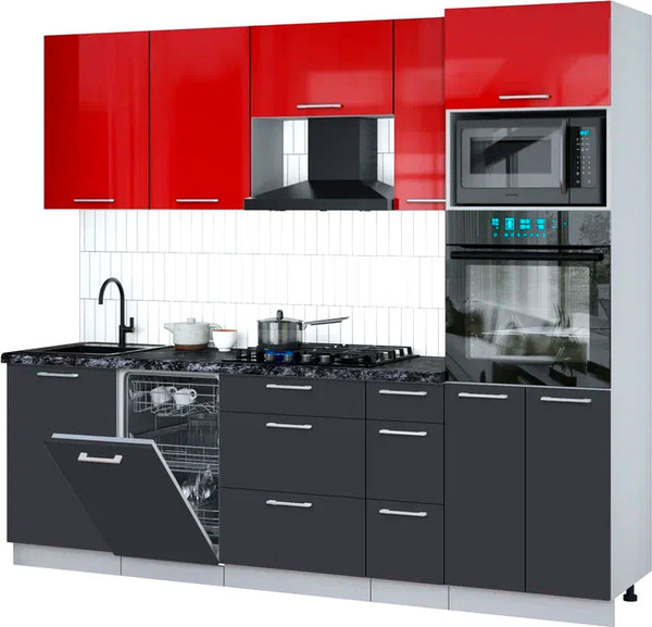 Изображение товара Кухонный гарнитур Интерлиния Мила Gloss 2.45-ПМ3 (пепел/красный глянец/кастилло темный)