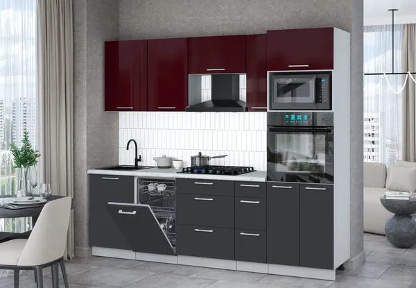 Изображение товара Кухонный гарнитур Interline Мила Gloss 2.45-ПМ3 (пепел/бордовый глянец/серый каспий)