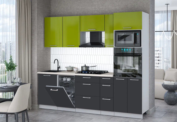 Изображение товара Кухонный гарнитур Интерлиния Мила Gloss 2.45-ПМ3 (пепел/яблоко глянец/травертин серый)