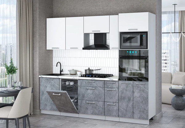 Изображение товара Кухонный гарнитур Интерлиния Мила Gloss 2.45-ПМ3 (керамика/белый/белый гранит)