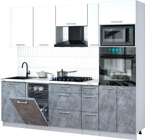 Изображение товара Кухонный гарнитур Интерлиния Мила Gloss 2.45-ПМ3 (керамика/белый/белый гранит)