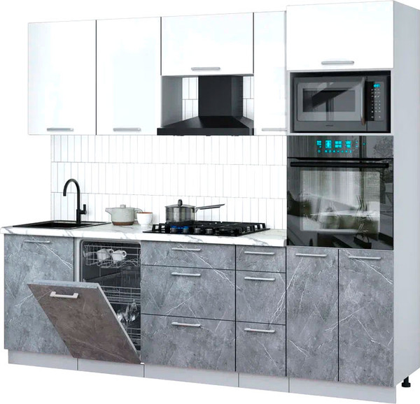 Изображение товара Кухонный гарнитур Интерлиния Мила Gloss 2.45-ПМ3 (керамика/белый глянец/белый гранит)