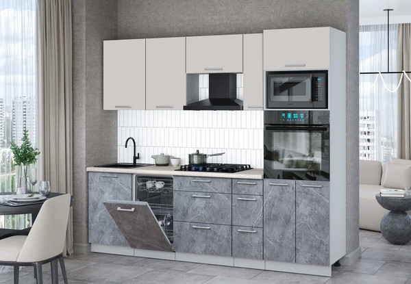 Изображение товара Кухонный гарнитур Интерлиния Мила Gloss 2.45-ПМ3 (керамика/кашемир/травертин серый)