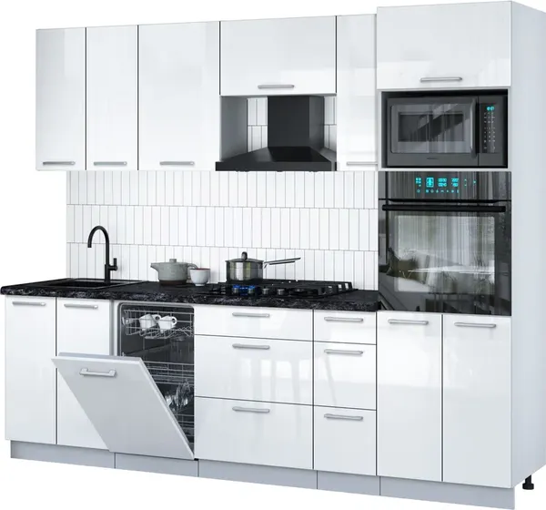 Изображение товара Кухонный гарнитур Интерлиния Мила Gloss 2.55-ПМ3 (белый глянец/белый глянец/кастилло темный)