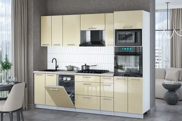 Изображение товара Кухонный гарнитур Interline Мила Gloss 2.55-ПМ3 (ваниль глянец/ваниль глянец/травертин серый)